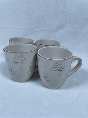 LOT OF 4 Thomson Pottery HAMPTON Coffee Mugs Embossed Sea Shells Stoneware